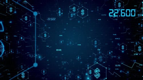 Tecnología financiera con íconos de dólares brillantes y un bucle de fondo de datos digitales