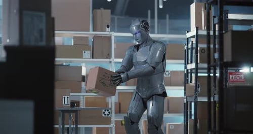 Robot handling box in modern warehouse environment