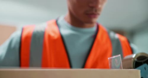 Hands, tape and box in warehouse for distribution, logistics and supply chain with safety