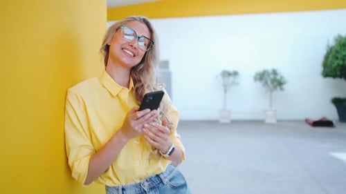 Portrait Happy Attractive Woman Using Smartphone at Street
