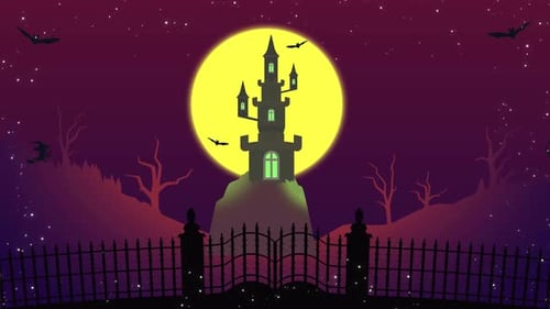 Animated Spooky Halloween Castle Night with Witches and Bats
