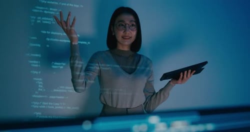 Asia female software developer mentor leader manager talk strategy plan to executive write prompt.