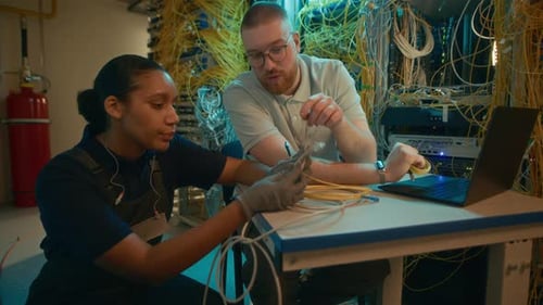 Technicians Inspecting Fiber Optics in Server Room