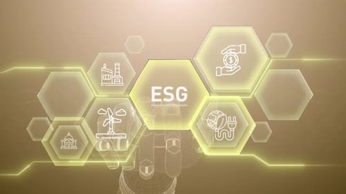 Digital ESG Concept with Robotic Hand and Hexagon Icons