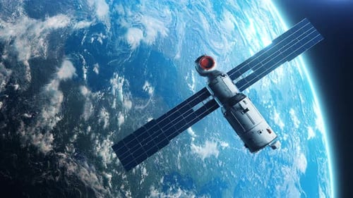 Das Modul der Raumstation umkreist den Planeten Erde. Konzept der Technologie- und Raumfahrtindustrie