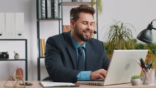 Businessman Working on Laptop Wearing Headset Call Center Support Service Operator Office Helpline