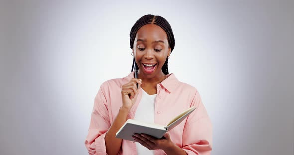 Idea, inspiration and black woman writing in book at studio isolated on ...