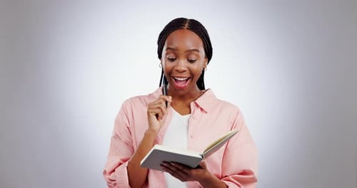 Idea, inspiration and black woman writing in book at studio isolated on a white background mockup