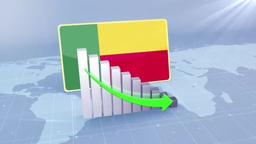 3D Decreasing Bar Chart with Benin Flag and Global Map Background