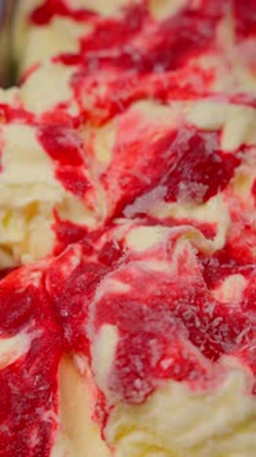 Cold Frozen Dessert with Strawberry Syrup Cold Ice Cream Concept