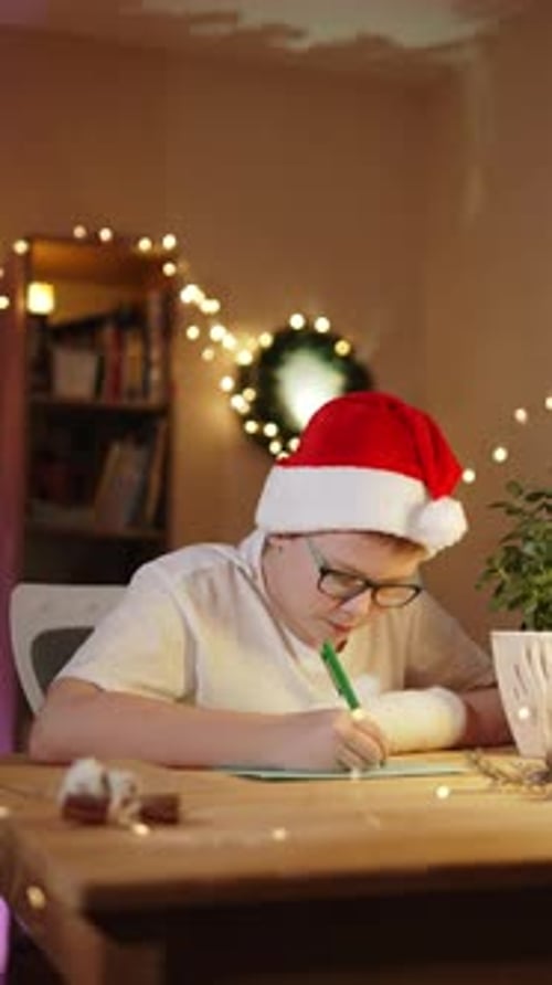 Boy Wearing Glasses is Writing Letter to Santa in Cozy Christmas Setting