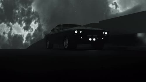 Classic Muscle Car Driving at Night with Moody Sky