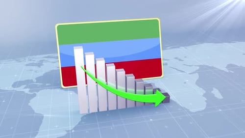 Dagestan Flag With Decrease Bar Chart Graph And Arrow Green