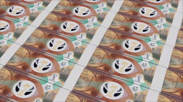 22 QATARI RIYAL banknotes printed by a money press, Infographics Motion ...