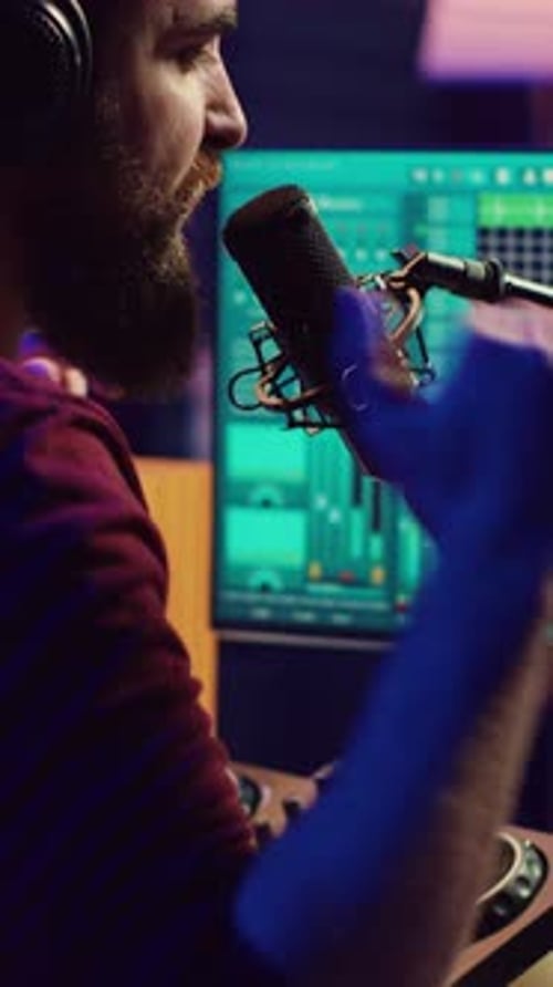 Vertical Video Music Producer Singing at Home Studio Microphone to Record Songs