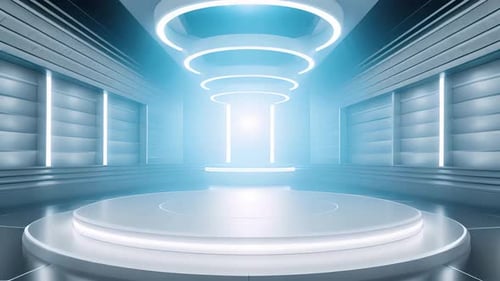 Futuristic Virtual Stage Podium with Glowing Blue Lights