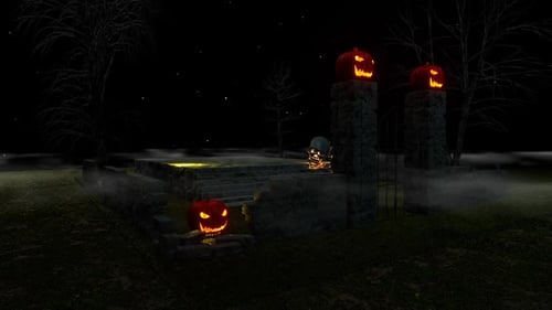 Animated Halloween Night Scene with Jack-o'-Lanterns and Skulls