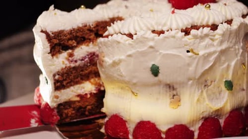 A Slice of Cake with Cream Cheese and Strawberry Closeup Homemade Cake Dessert in Cafe