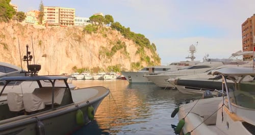 Fontvieille Harbour With Yachts And Sailboats In Summer In Monaco. - wide shot