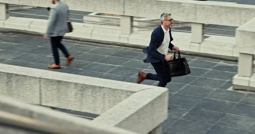 Mature, man and running for rushing in city with morning commute, hurry and late for appointment