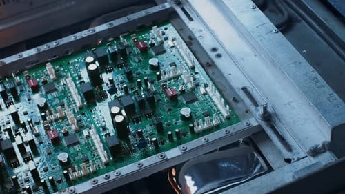 Electronic Printed Circuit Board with Microchips, Transistors, Semiconductors, Capacitors Water Coo