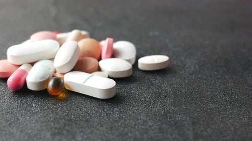Close Up of Many Colorful Pills and Capsules on Black Background