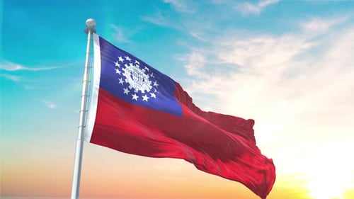 Myanmar Burma Flag Waving Realistic With Sky