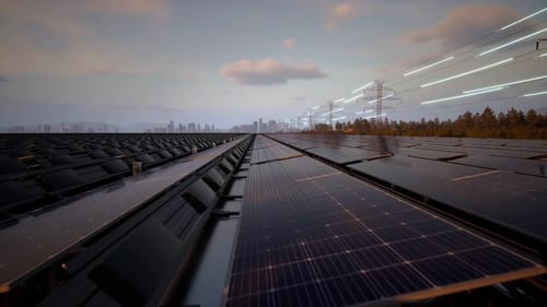 Modern Solar Panel Farm Transmitting Clean Energy to City
