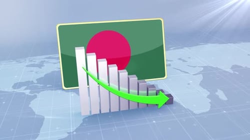Bangladesh Flag With Decrease Bar Chart Graph And Arrow Green