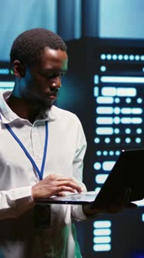 Vertical Video Technician Servicing Data Center