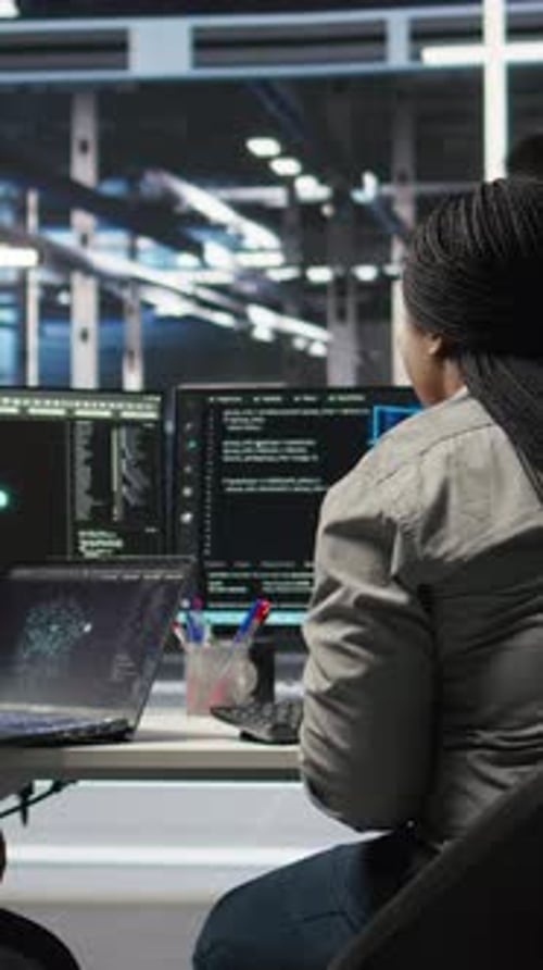Vertical Video Data Center Coworkers Doing Brainstorming Using Artificial Intelligence