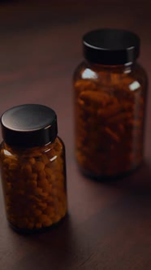 A Collection of Bottles Filled with Supplements and Pills Resting on a Rustic Wooden Surface