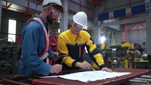 Équipe d'ingénieurs et d'architectes travaillant sur un plan sur le site de l'usine.