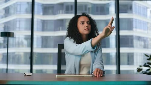 Woman Scrolling Invisible Screen Working in Metaverse Cyberspace Close Up