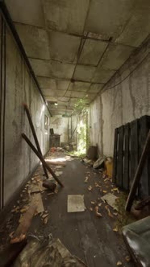Walking Through Abandoned Post-Apocalyptic Corridor with Debris