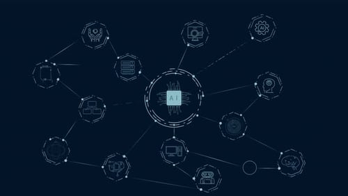 AI Processor at the Center of a Network of Digital Technology Icons