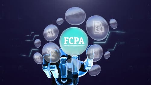Futuristic Robotic Hand Interacting with FCPA Legal Icons