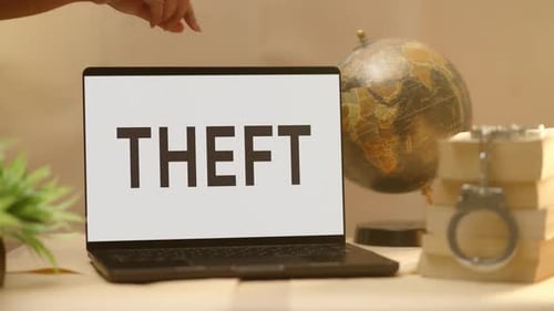 Laptop Screen Showing the Word Theft With Handcuffs