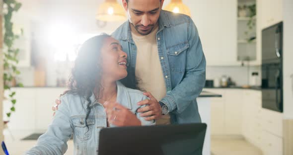 Hug, laptop and remote work with couple in home dining room together ...