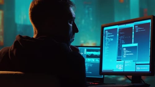 Young Adult Coding at Computer Late at Night