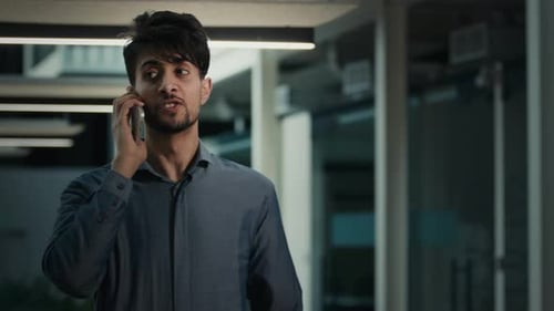 Businessman Speaking Mobile Phone in Office Indian Arabian Adult Man Lawyer Employee Consult Distant