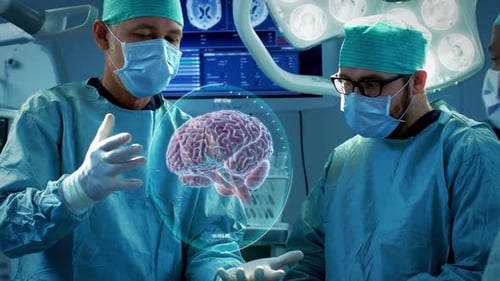 Surgeons Perform Brain Surgery Using Augmented Reality, Animated 3D Brain. High Tech Technologicall
