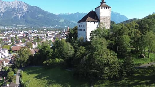 Beautiful view of top to Verdenberg castle. View from drone, quadrocopter to the medieval castle