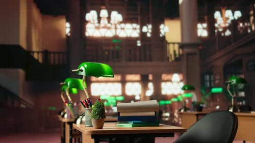 Elegant Vintage Library with Wooden Shelves and Sophisticated Green Lamps