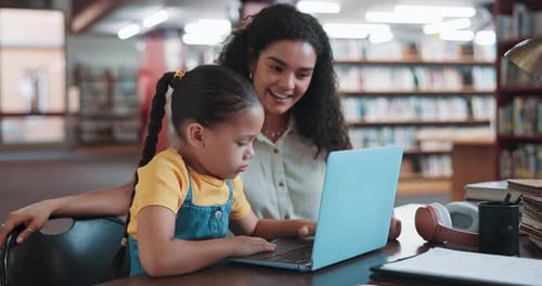 Child, student and laptop with teacher in library for education, learning support and knowledge