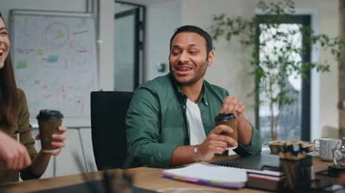 Smiling Business Team Talking Holding Coffee in Office Closeup Happy Colleagues