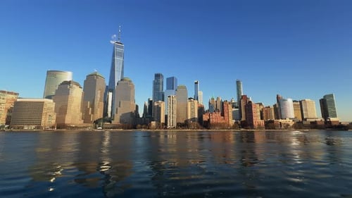 Boat view of Lower Manhattan skyline One WTC from water, New York, USA