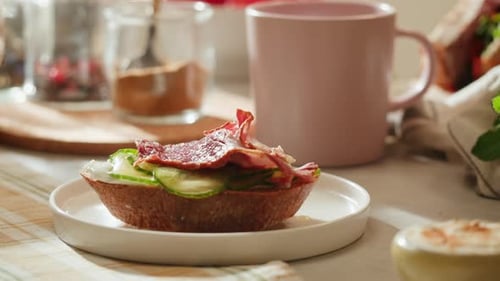 American Pastrami Sandwich with Ham Meet Cuts in Restaurant Cooking Famous Thick Cut Sous Vide Beef