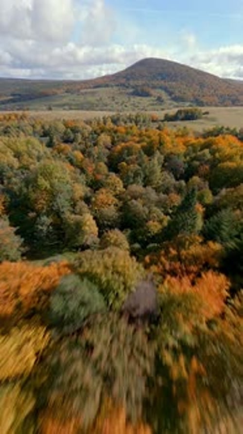 Cinematic FPV Drone Flight Over Colorful Autumn Forest And Hills
