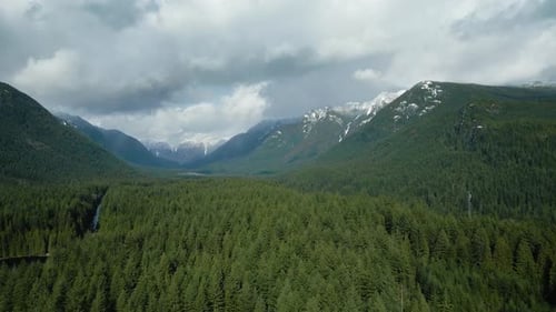 Aerial View of Canadian Mountain Landscape in Cloudy Day